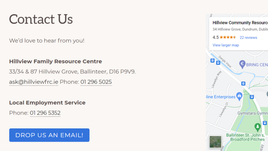 Coaching website best practices: sample "contact us" page featuring a Centre address, email, phone number and a google map indicating where the Centre is located.
