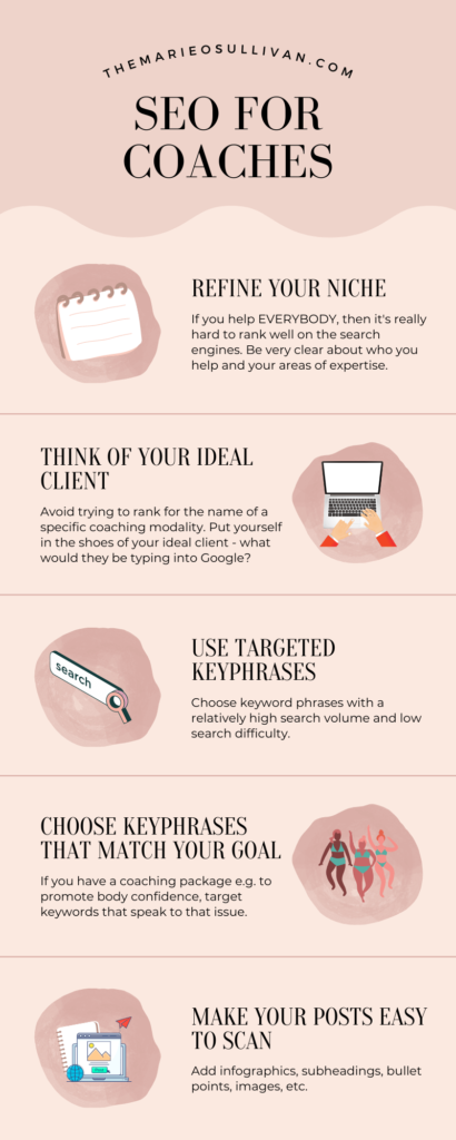 Infographic featuring tips on SEO for Coaches